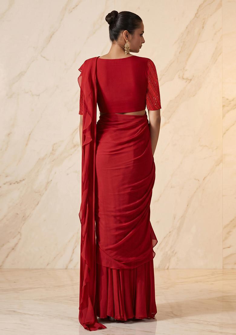 Red Embroidered Handwork Pre Draped Saree Set - Indya