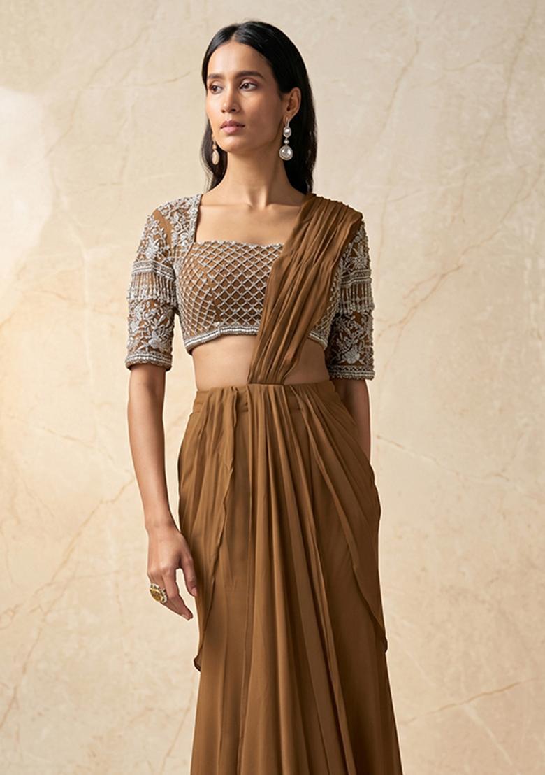 Brown Embroidered Handwork Pre Draped Saree Set - Indya