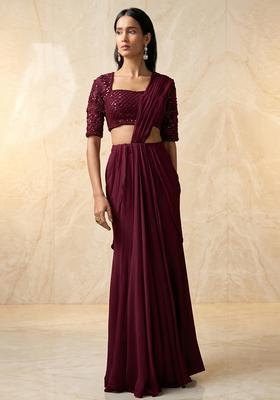 Deep Wine Embroidered Handwork Pre Draped Saree Set