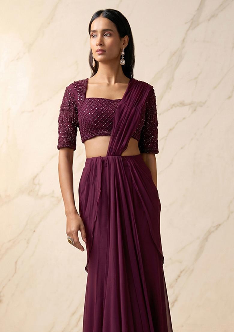 Wine Embroidered Handwork Pre Draped Saree Set - Indya