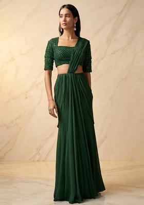 Dark Green Embroidered Handwork Pre Draped Saree Set