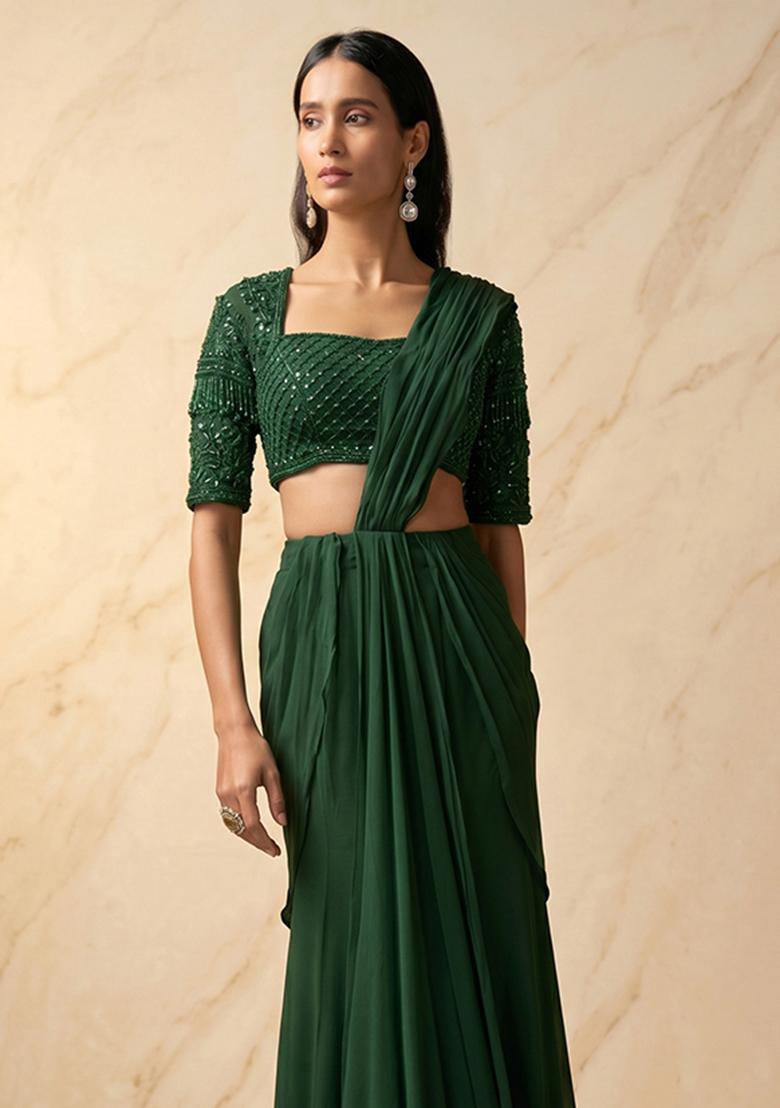 Dark Green Embroidered Handwork Pre Draped Saree Set - Indya