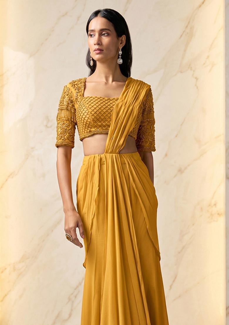 Yellow Embroidered Handwork Pre Draped Saree Set - Indya