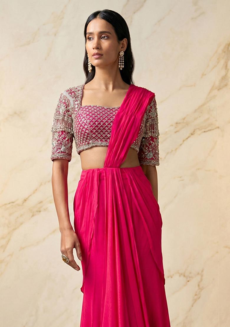 Rani Pink Embroidered Handwork Pre Draped Saree Set - Indya