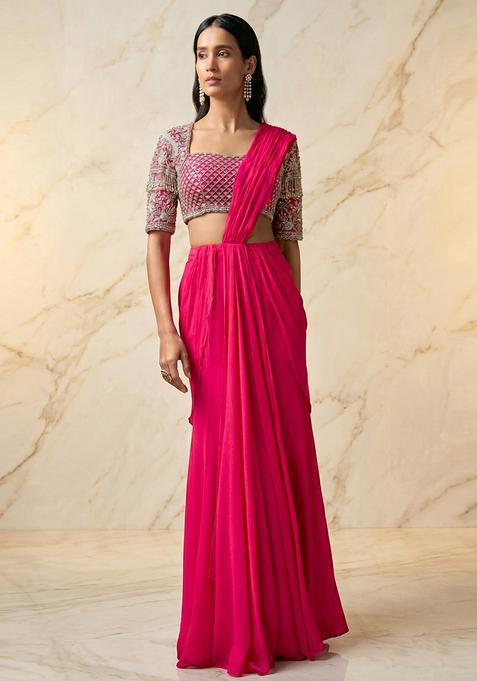 Rani Pink Embroidered Handwork Pre Draped Saree Set