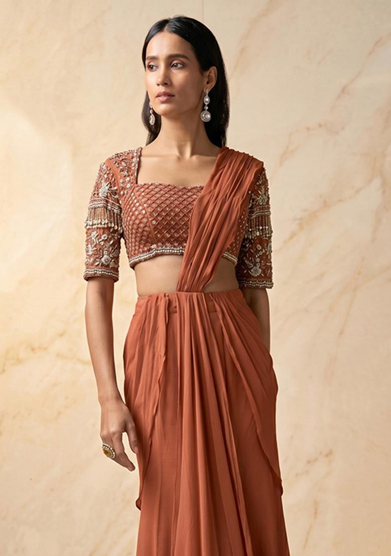 Light Rust Embroidered Handwork Pre Draped Saree Set - Indya