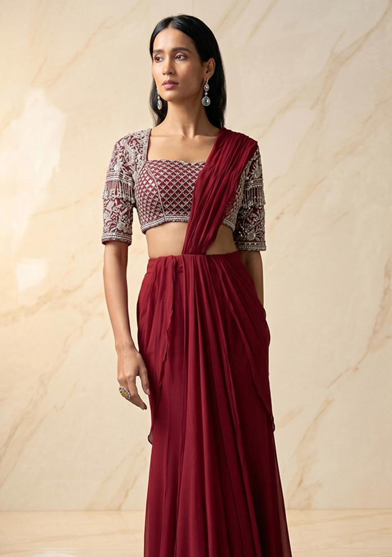 Deep Red Embroidered Handwork Pre Draped Saree Set - Indya