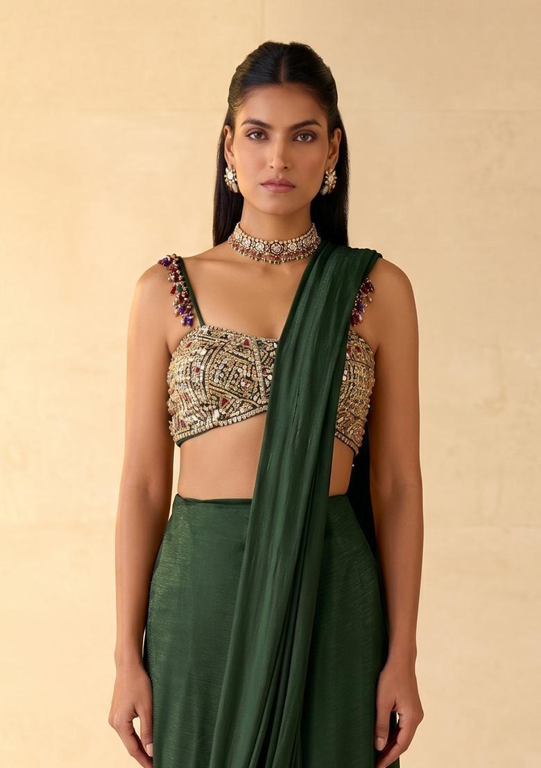 Dark Green Embroidered Handwork Pre Draped Saree Set - Indya