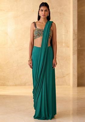 Emerald Green Embroidered Handwork Pre Draped Saree Set