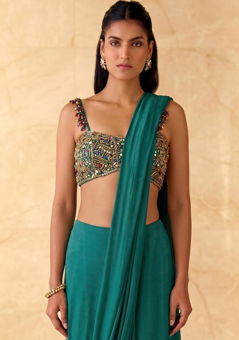 Emerald Green Embroidered Handwork Pre Draped Saree Set - Indya