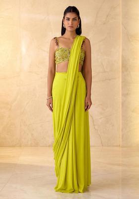 Lime Green Embroidered Handwork Pre Draped Saree Set