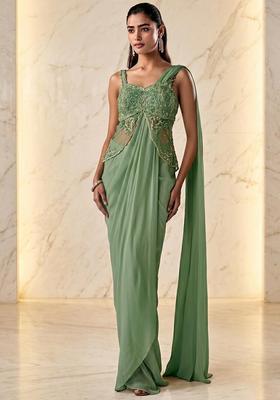 Mint Embroidered Handwork Pre Draped Saree Set