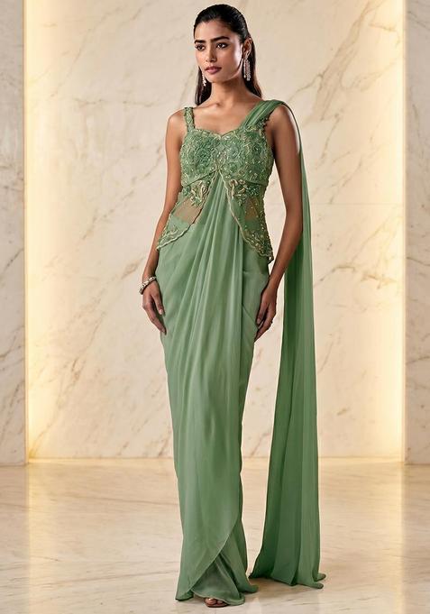 Mint Embroidered Handwork Pre Draped Saree Set