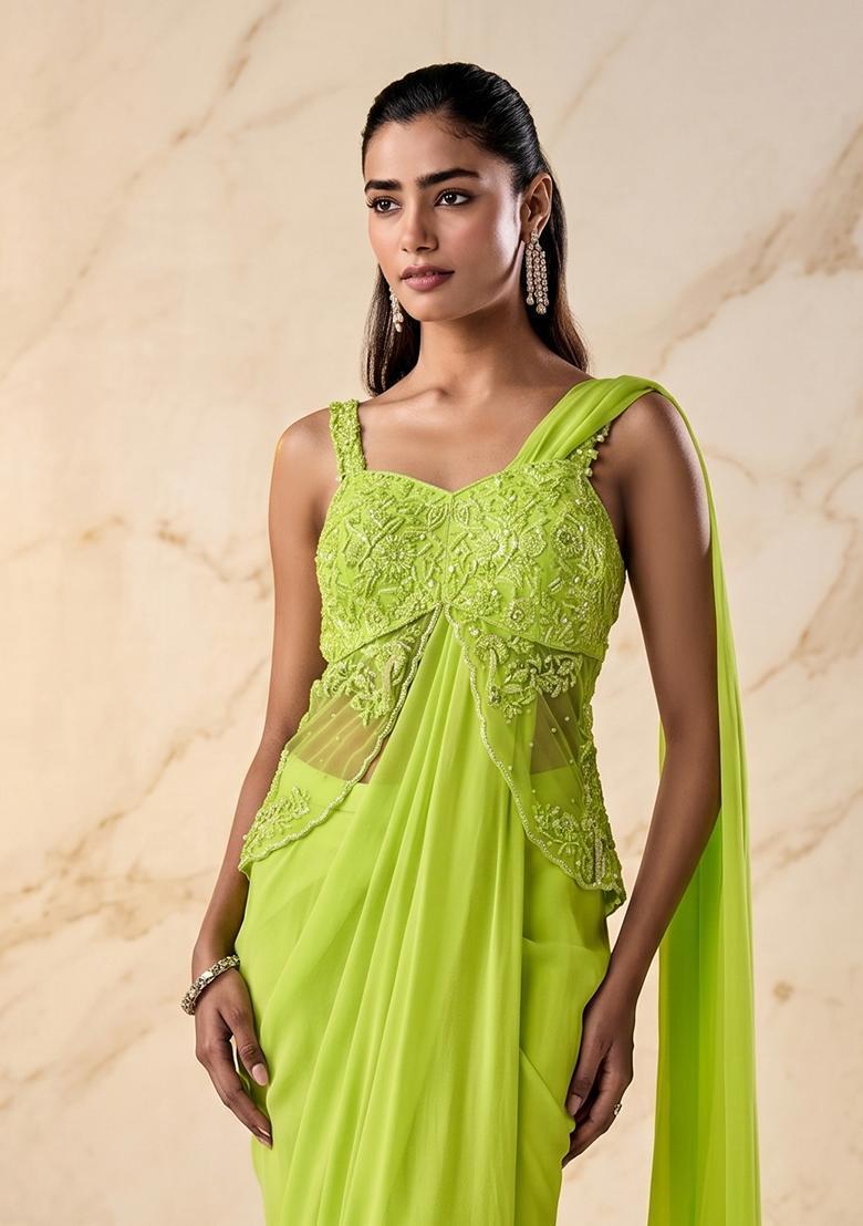 Lime Green Embroidered Handwork Pre Draped Saree Set - Indya