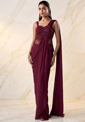Maroon Embroidered Handwork Pre Draped Saree Set