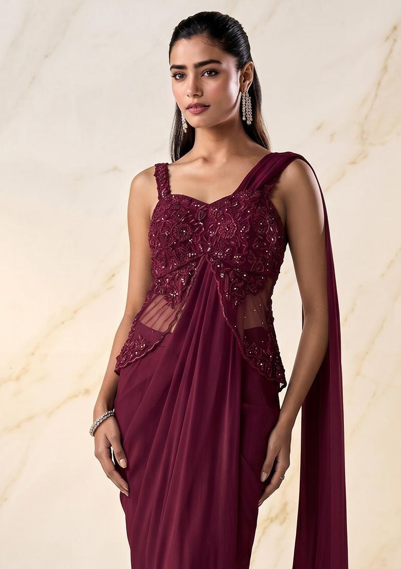 Maroon Embroidered Handwork Pre Draped Saree Set - Indya