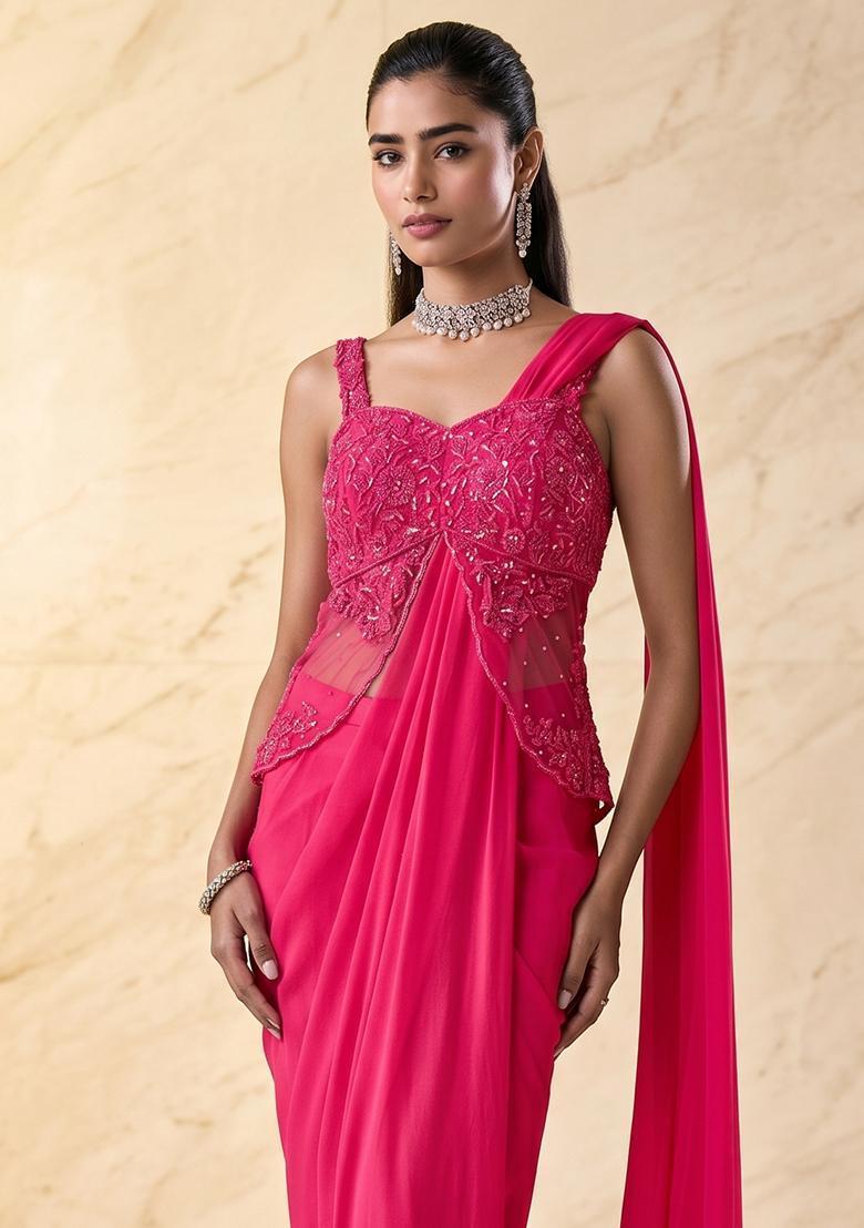 Rani Pink Embroidered Handwork Pre Draped Saree Set - Indya