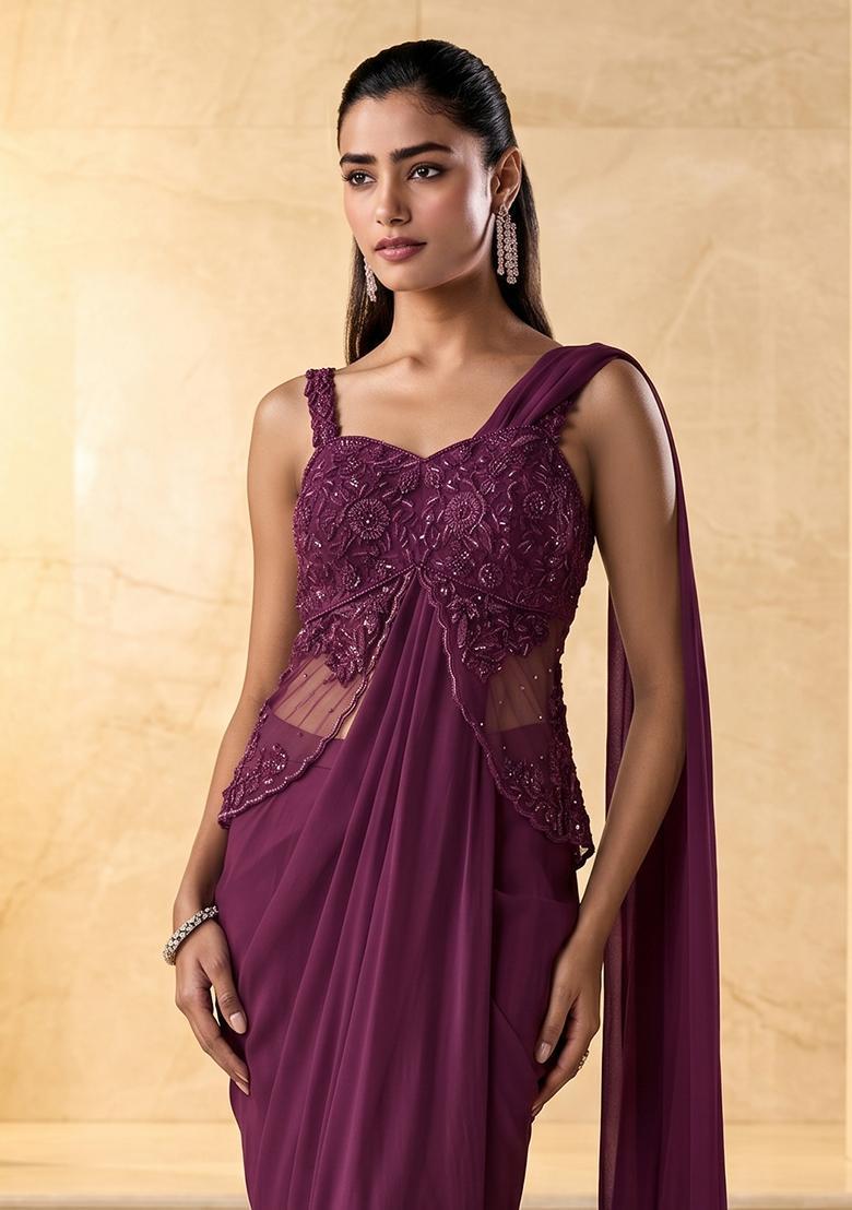 Plum Embroidered Handwork Pre Draped Saree Set - Indya