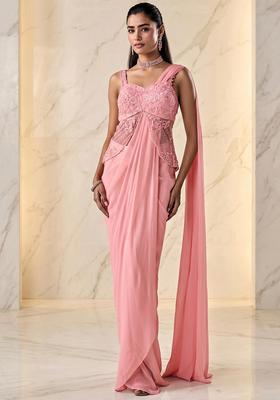 Light Pink Embroidered Handwork Pre Draped Saree Set