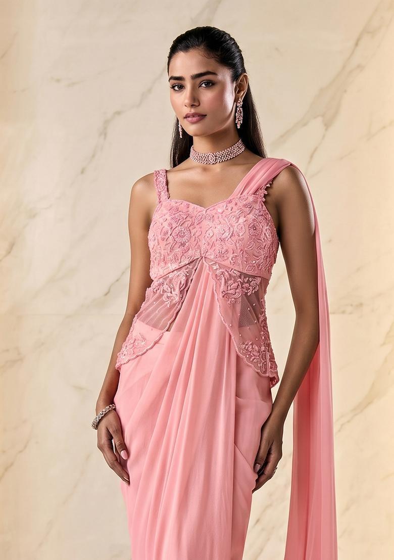 Light Pink Embroidered Handwork Pre Draped Saree Set - Indya