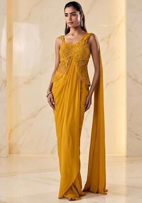 Yellow Embroidered Handwork Pre Draped Saree Set