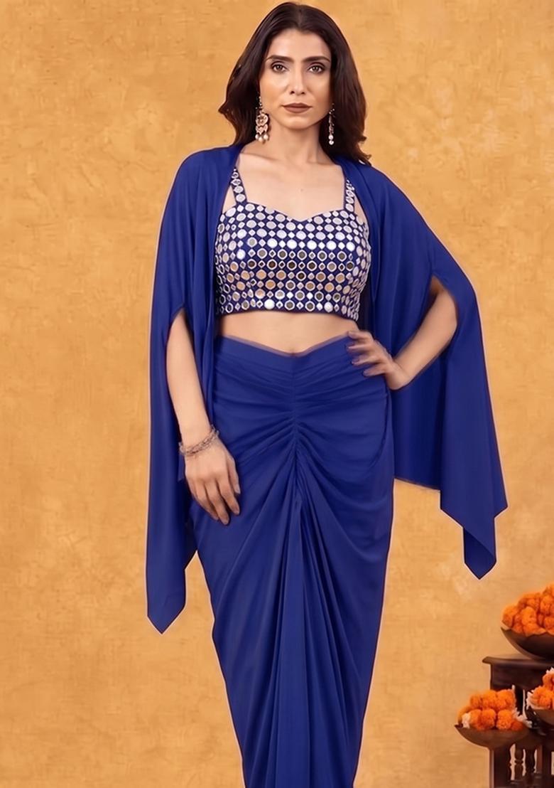 Navy Blue Mirror Work Georgette Fusion Set - Indya