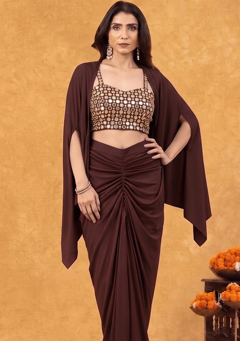 Brown Mirror Work Georgette Fusion Set - Indya