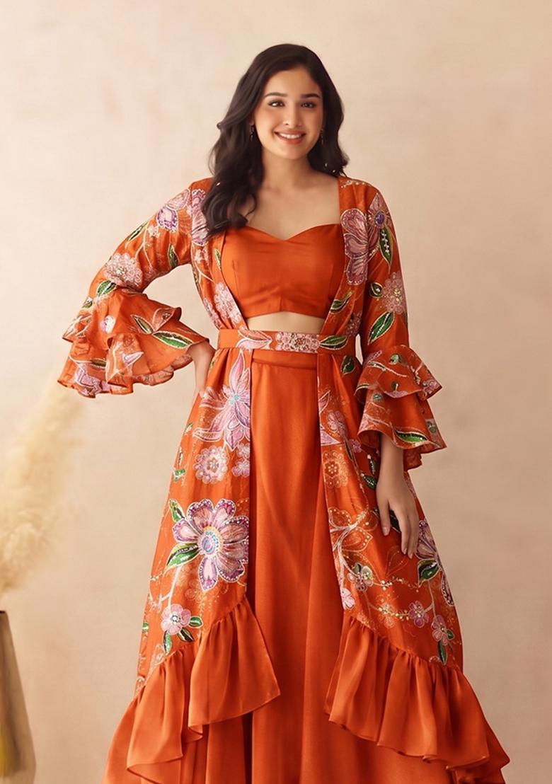 Orange Printed Organza Lehenga Set - Indya