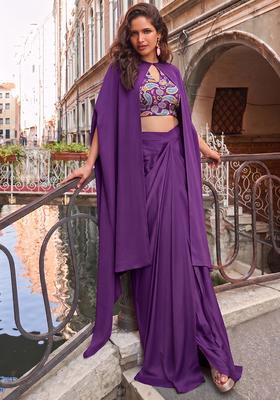 Purple Printed Crepe Fusion Set