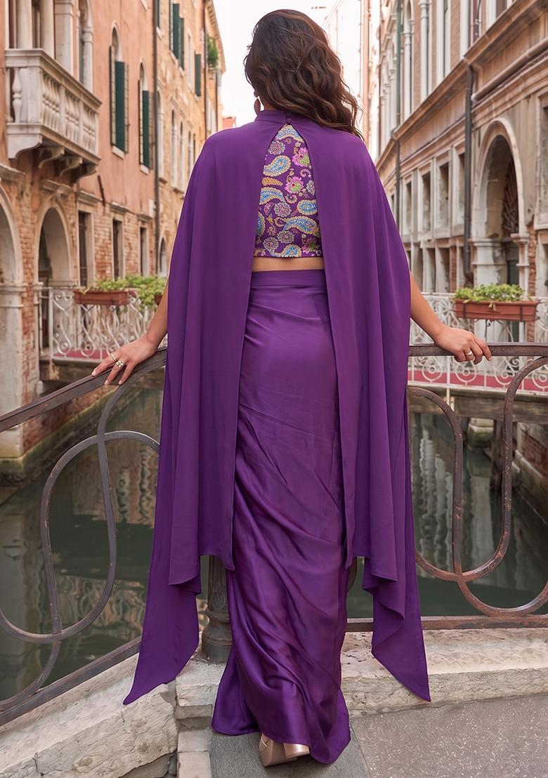 Purple Printed Crepe Fusion Set - Indya
