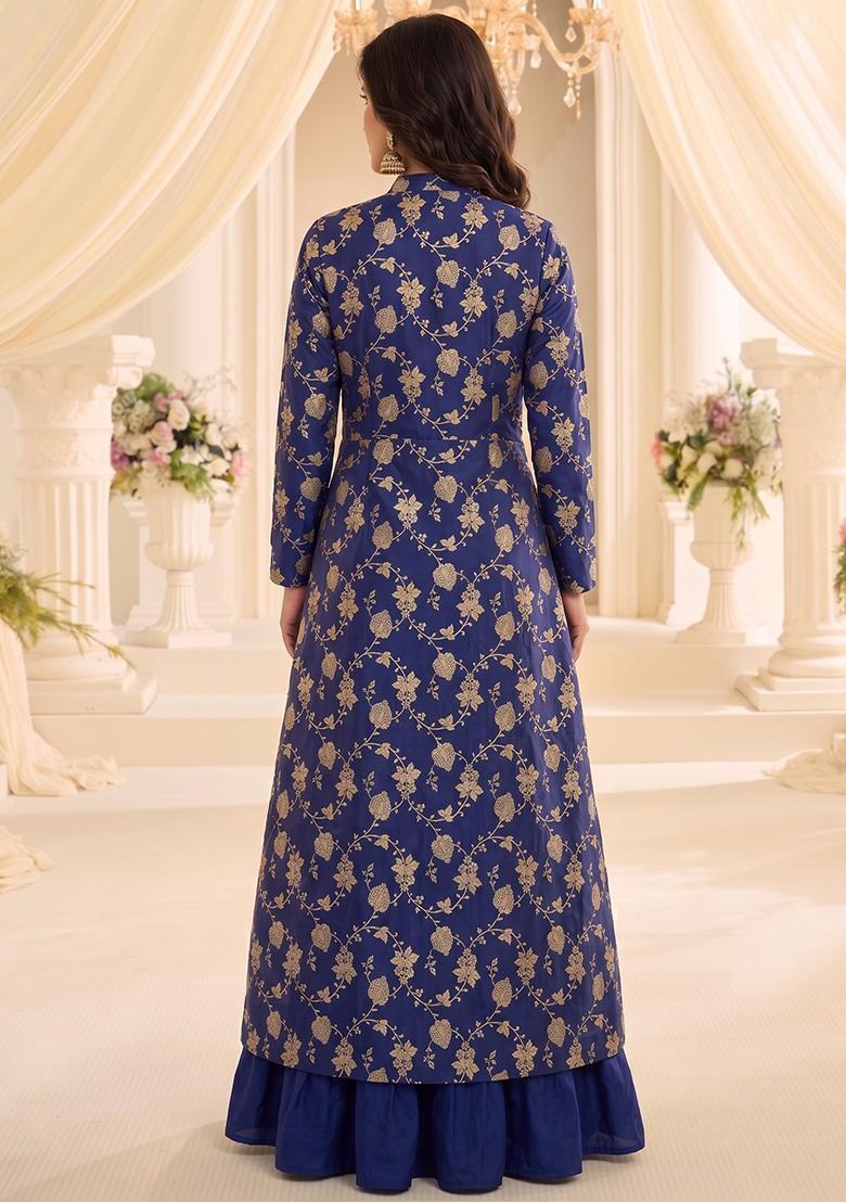 Navy Blue Silk Blend Anarkali - Indya