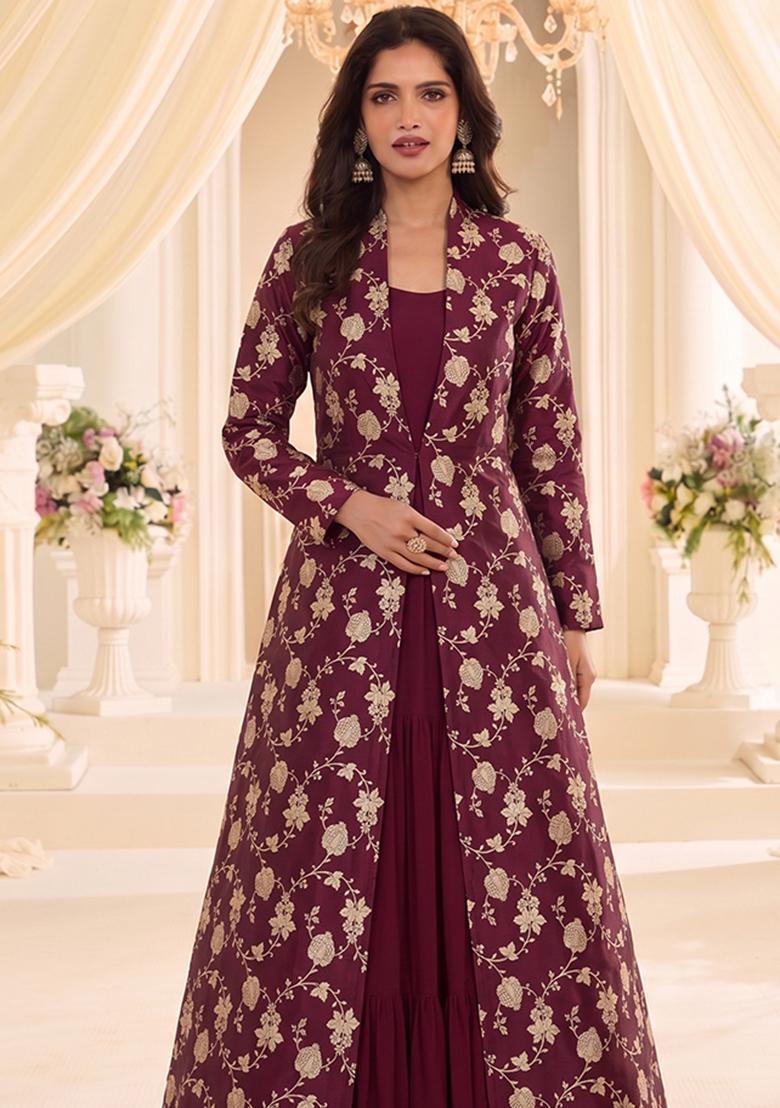 Maroon Silk Blend Anarkali - Indya