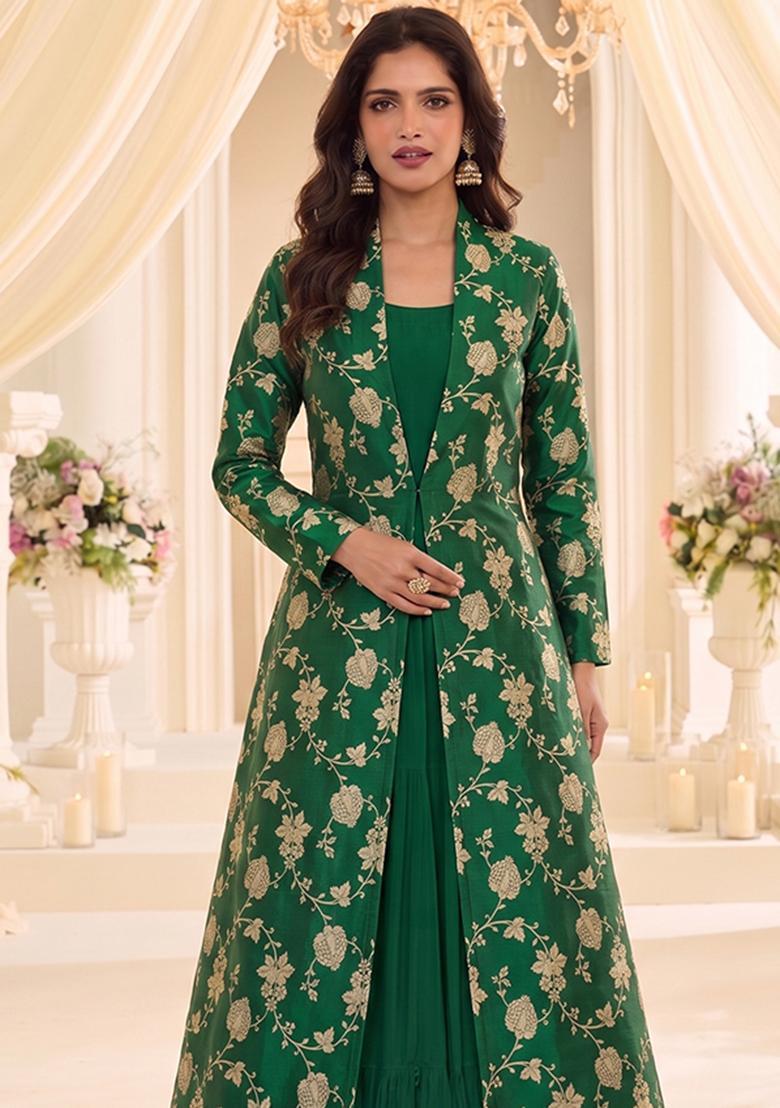 Bottle Green Silk Blend Anarkali - Indya