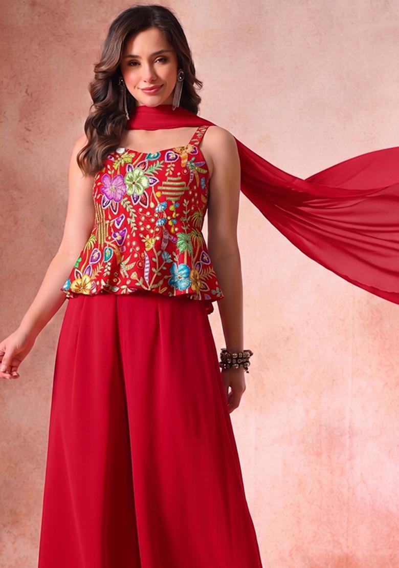 Red Printed Crepe Sharara Set - Indya