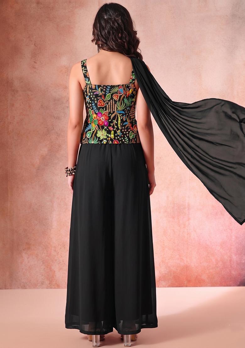 Black Printed Crepe Sharara Set - Indya