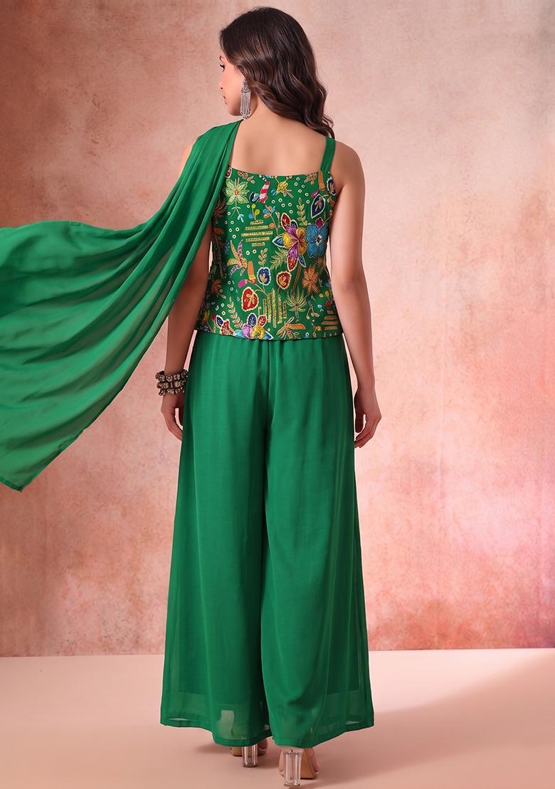 Bottle Green Printed Crepe Sharara Set - Indya