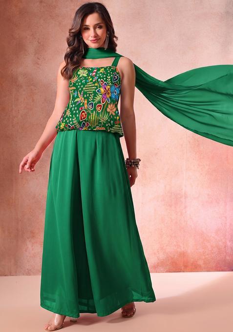 Bottle Green Printed Crepe Sharara Set