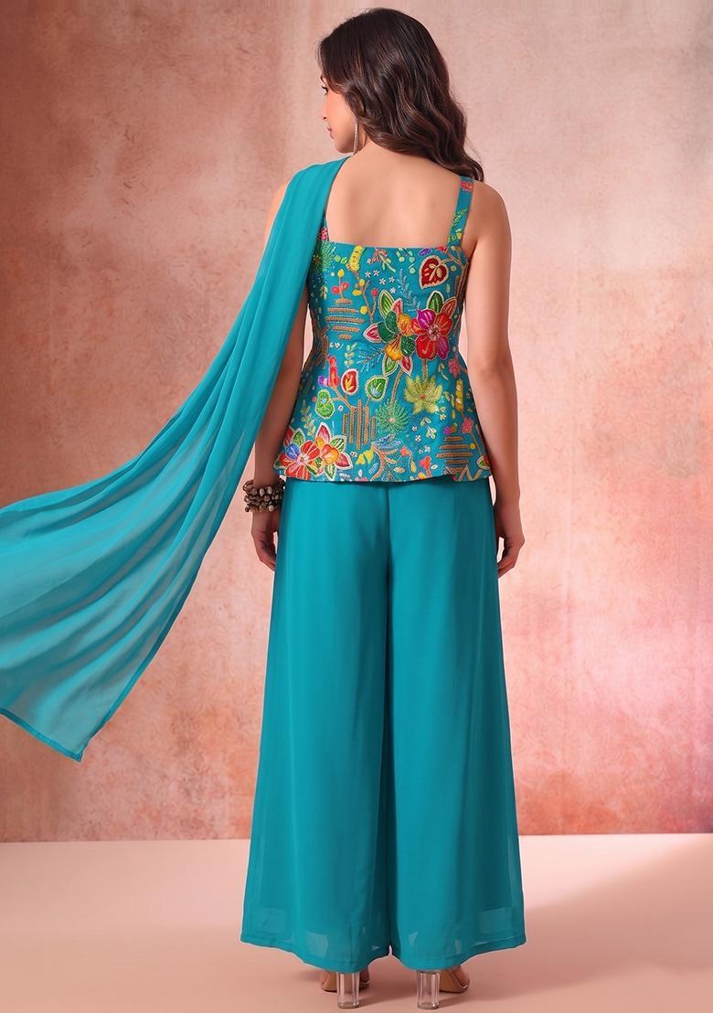 Blue Printed Crepe Sharara Set - Indya
