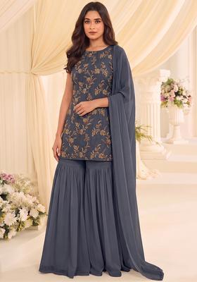 Dark Grey Embroidered Tissue Sharara Set