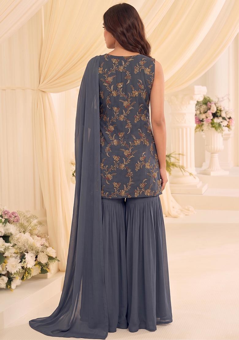 Dark Grey Embroidered Tissue Sharara Set - Indya