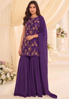Dark Purple Embroidered Tissue Sharara Set