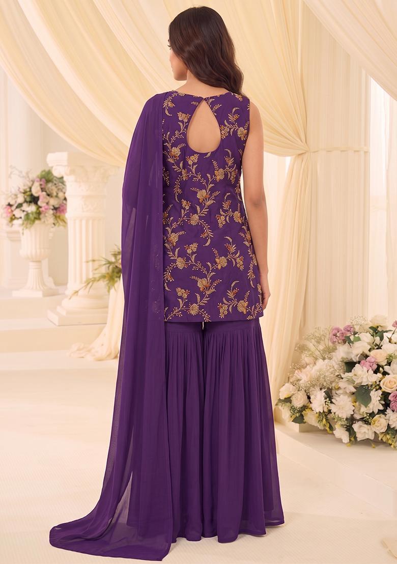 Dark Purple Embroidered Tissue Sharara Set - Indya
