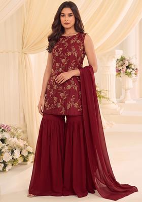 Deep Red Embroidered Tissue Sharara Set