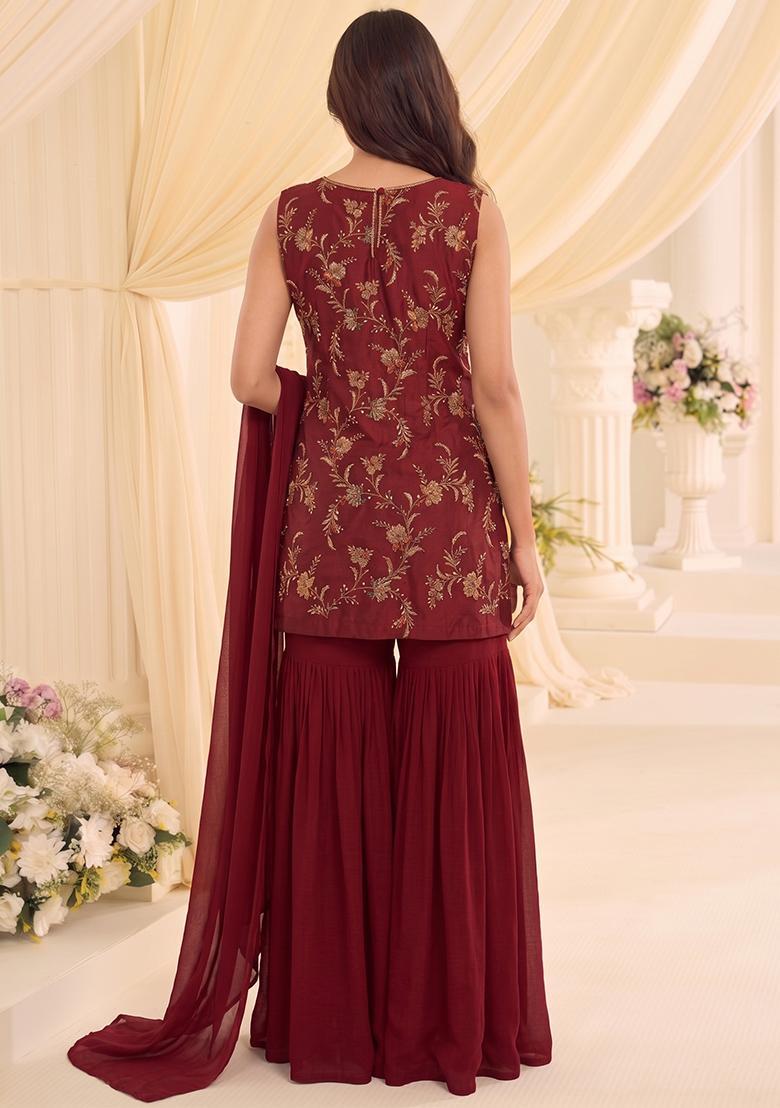 Deep Red Embroidered Tissue Sharara Set - Indya