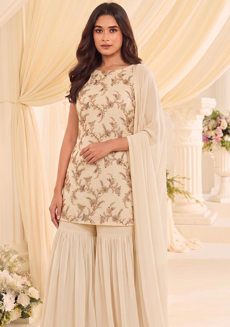 Cream Embroidered Tissue Sharara Set - Indya