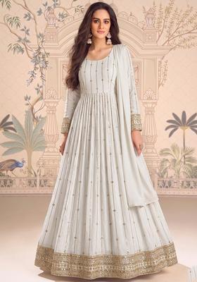 White Embroidered Crepe Anarkali With Dupatta