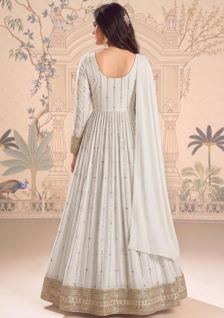 White Embroidered Crepe Anarkali With Dupatta - Indya