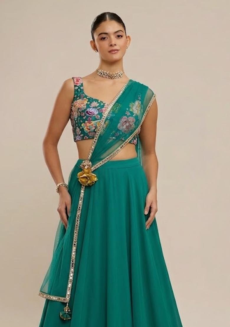Teal Green Printed Lehenga Set - Indya