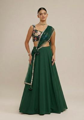 Bottle Green Printed Lehenga Set