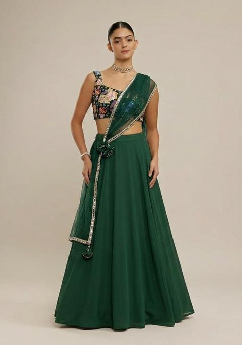 Bottle Green Printed Lehenga Set